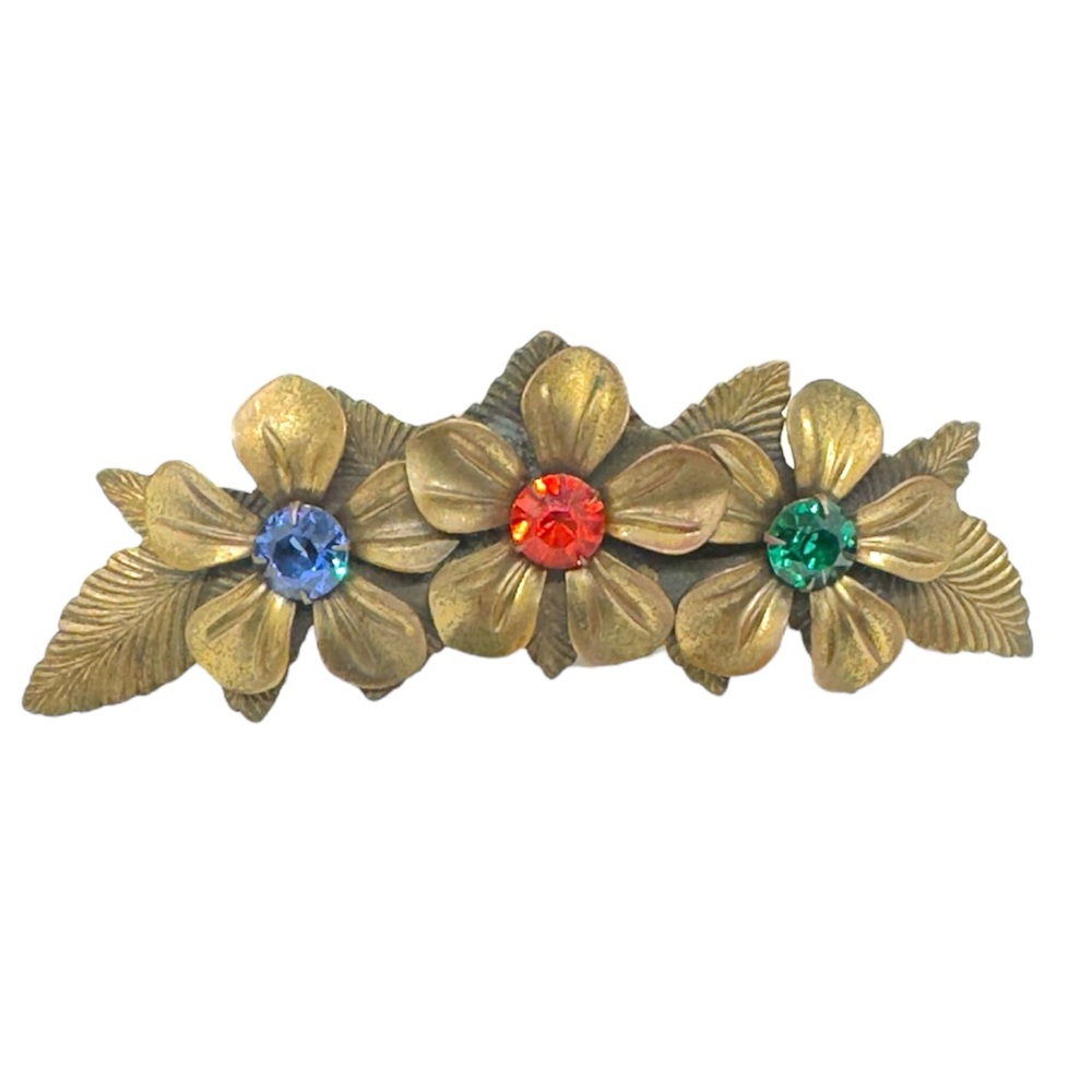 Antique Stamped Brass Flower & Leaves Sash Pin